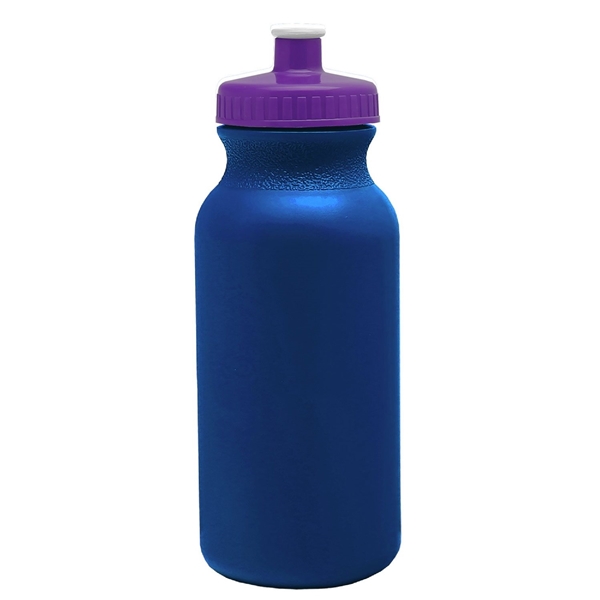 aerial view a metallic navy blue bottle & violet lid 20 oz the omni color bike bottle with push pull lid, image 2 of 2