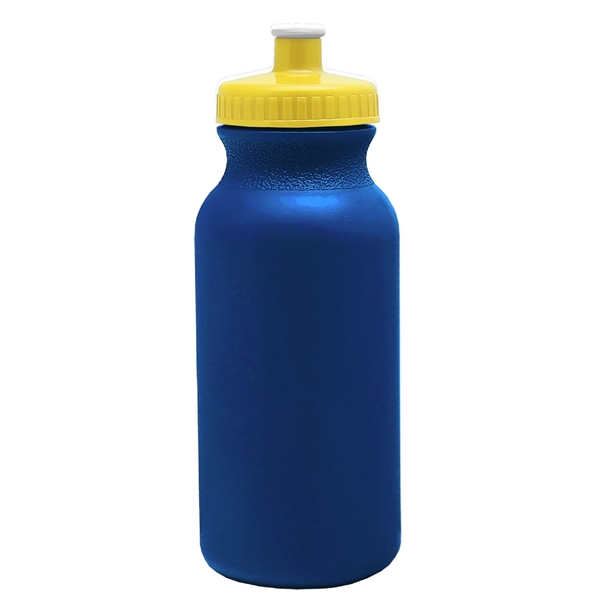 aerial view a metallic navy blue bottle & yellow lid 20 oz the omni color bike bottle with push pull lid, image 2 of 2