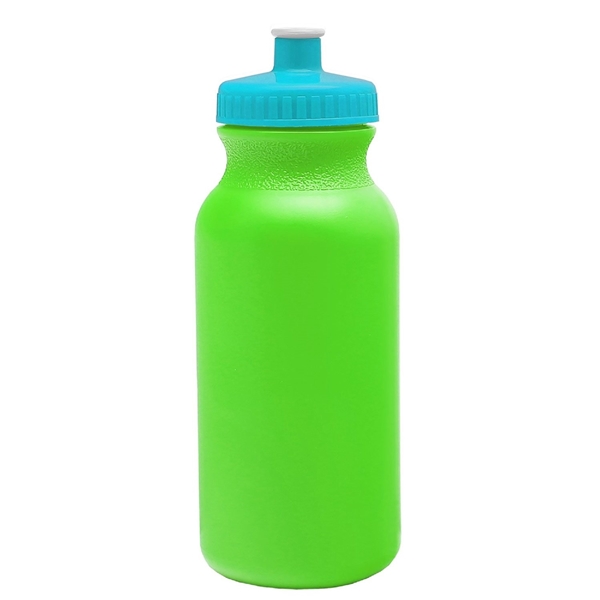 aerial view a neon green bottle & cyan lid 20 oz the omni color bike bottle with push pull lid, image 2 of 2