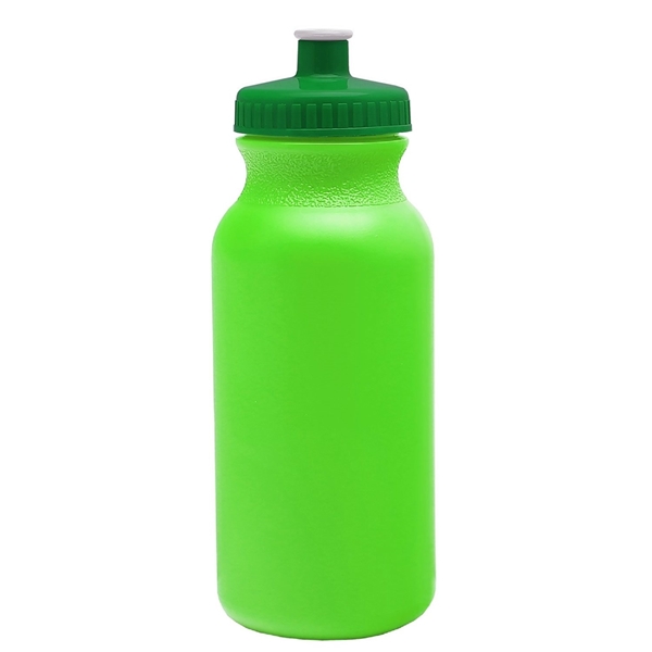 aerial view a neon green bottle & green lid 20 oz the omni color bike bottle with push pull lid, image 2 of 2