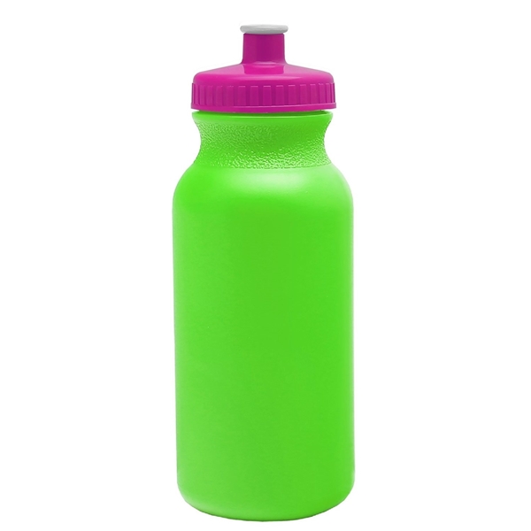 aerial view a neon green bottle & hot pink lid 20 oz the omni color bike bottle with push pull lid, image 2 of 2