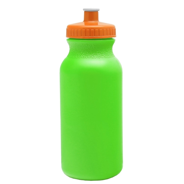 aerial view a neon green bottle & orange lid 20 oz the omni color bike bottle with push pull lid, image 2 of 2