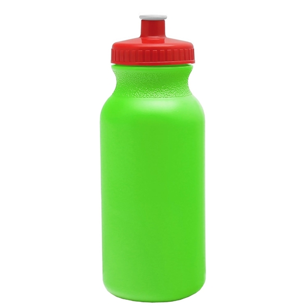 aerial view a neon green bottle & red lid 20 oz the omni color bike bottle with push pull lid, image 2 of 2