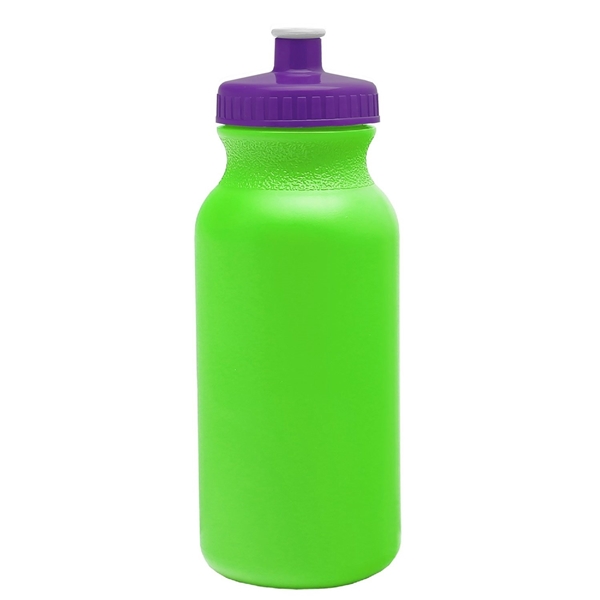 aerial view a neon green bottle & violet lid 20 oz the omni color bike bottle with push pull lid, image 2 of 2