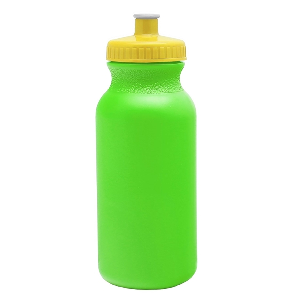 aerial view a neon green bottle & yellow lid 20 oz the omni color bike bottle with push pull lid, image 2 of 2
