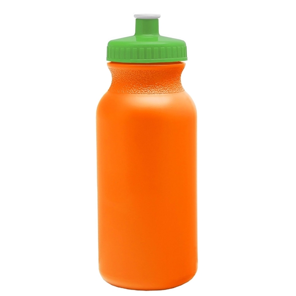 aerial view a neon orange bottle & lime green lid 20 oz the omni color bike bottle with push pull lid, image 2 of 2