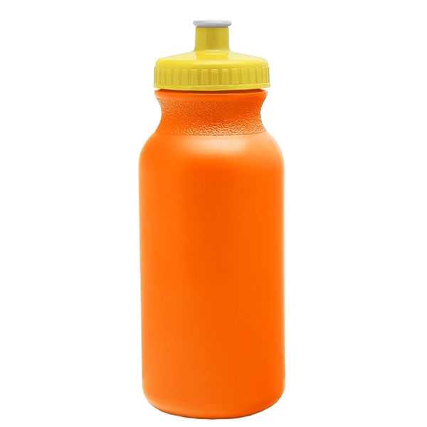 aerial view a neon orange bottle & yellow lid 20 oz the omni color bike bottle with push pull lid, image 2 of 2