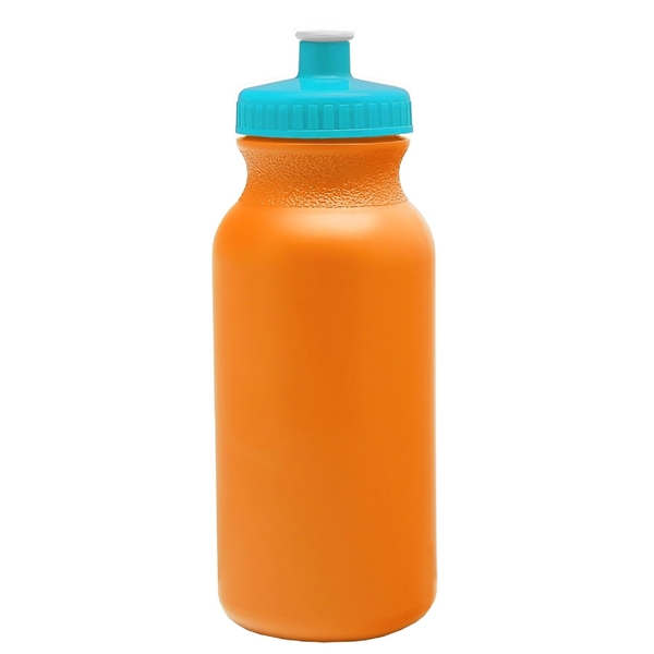 aerial view a orange bottle & cyan lid 20 oz the omni color bike bottle with push pull lid, image 2 of 2