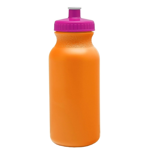 aerial view a orange bottle & hot pink lid 20 oz the omni color bike bottle with push pull lid, image 2 of 2