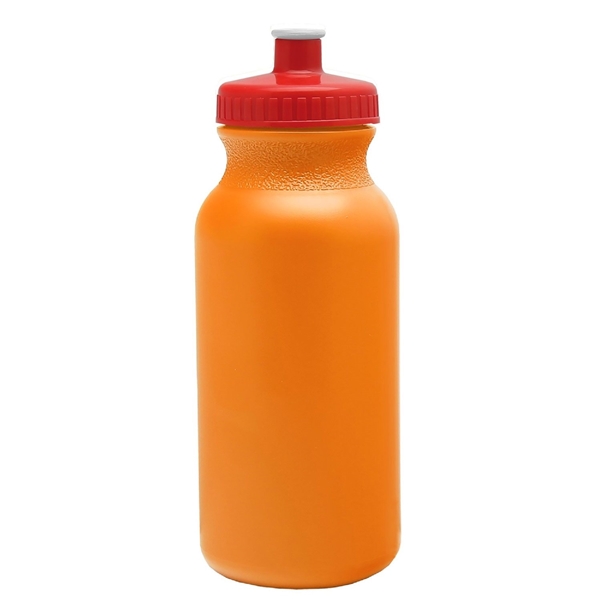 aerial view a orange bottle & red lid 20 oz the omni color bike bottle with push pull lid, image 2 of 2