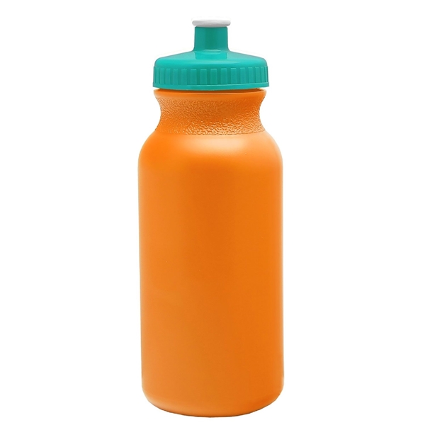 aerial view a orange bottle & teal lid 20 oz the omni color bike bottle with push pull lid, image 2 of 2