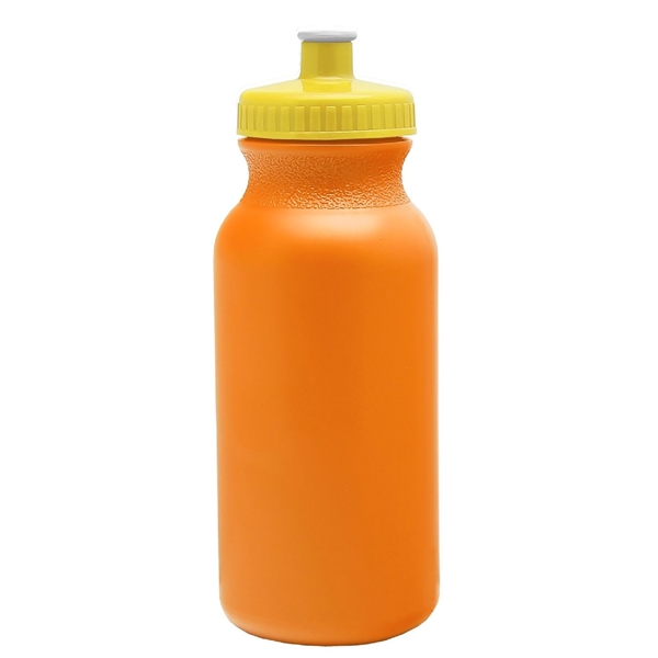 aerial view a orange bottle & yellow lid 20 oz the omni color bike bottle with push pull lid, image 2 of 2