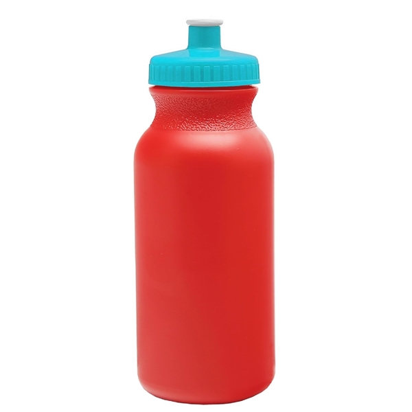 aerial view a red bottle & cyan lid 20 oz the omni color bike bottle with push pull lid, image 2 of 2