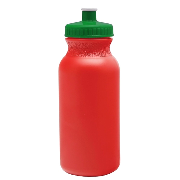aerial view a red bottle & green lid 20 oz the omni color bike bottle with push pull lid, image 2 of 2