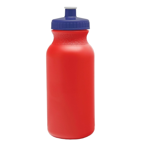 aerial view a red bottle & navy blue lid 20 oz the omni color bike bottle with push pull lid, image 2 of 2