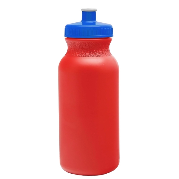 aerial view a red bottle & royal blue lid 20 oz the omni color bike bottle with push pull lid, image 2 of 2