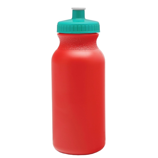 aerial view a red bottle & teal lid 20 oz the omni color bike bottle with push pull lid, image 2 of 2
