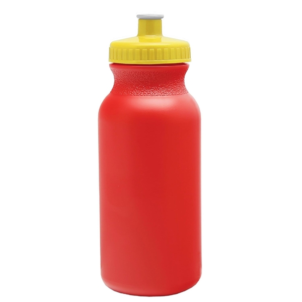 aerial view a red bottle & yellow lid 20 oz the omni color bike bottle with push pull lid, image 2 of 2