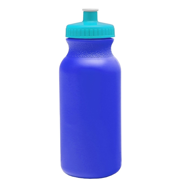 aerial view a royal blue bottle & cyan lid 20 oz the omni color bike bottle with push pull lid, image 2 of 2