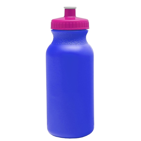 aerial view a royal blue bottle & hot pink lid 20 oz the omni color bike bottle with push pull lid, image 2 of 2