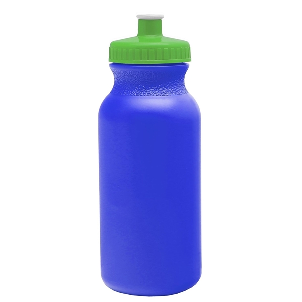 aerial view a royal blue bottle & lime green lid 20 oz the omni color bike bottle with push pull lid, image 2 of 2