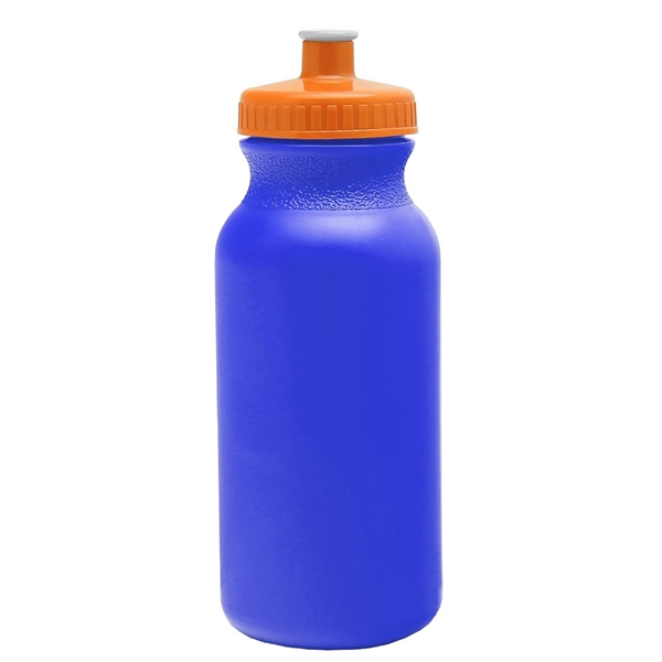 aerial view a royal blue bottle & orange lid 20 oz the omni color bike bottle with push pull lid, image 2 of 2
