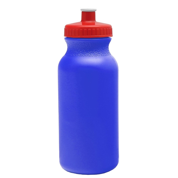aerial view a royal blue bottle & red lid 20 oz the omni color bike bottle with push pull lid, image 2 of 2
