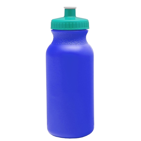 aerial view a royal blue bottle & teal lid 20 oz the omni color bike bottle with push pull lid, image 2 of 2