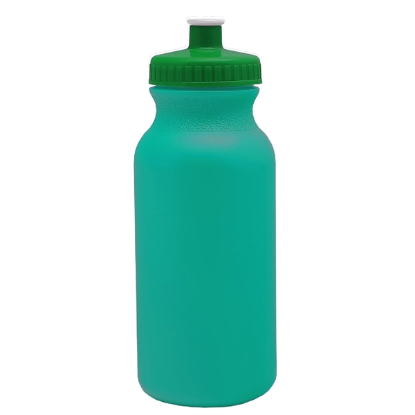 aerial view a teal bottle & green lid 20 oz the omni color bike bottle with push pull lid, image 2 of 2