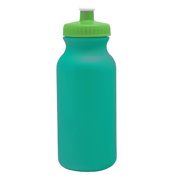 aerial view a teal bottle & lime green lid 20 oz the omni color bike bottle with push pull lid, image 2 of 2