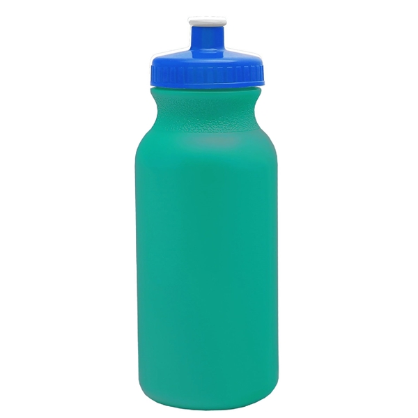 aerial view a teal bottle & royal blue lid 20 oz the omni color bike bottle with push pull lid, image 2 of 2