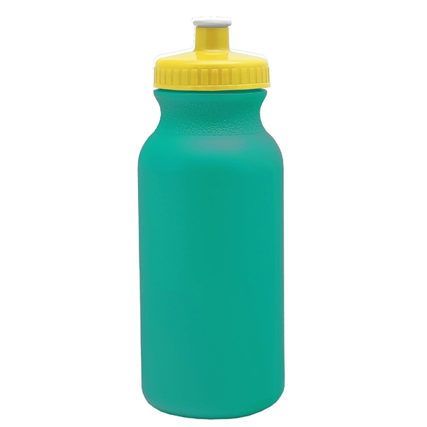 aerial view a teal bottle & yellow lid 20 oz the omni color bike bottle with push pull lid, image 2 of 2