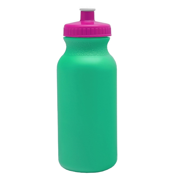aerial view a turquoise bottle & hot pink lid 20 oz the omni color bike bottle with push pull lid, image 2 of 2