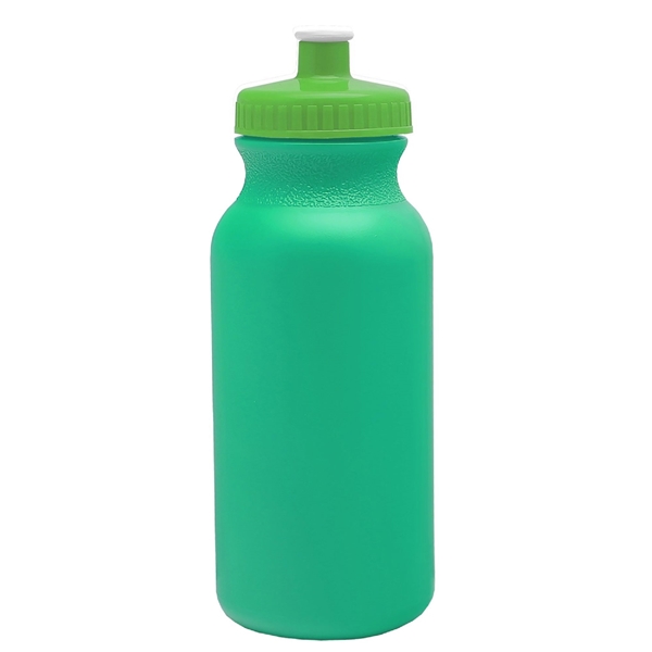 aerial view a turquoise bottle & lime green lid 20 oz the omni color bike bottle with push pull lid, image 2 of 2