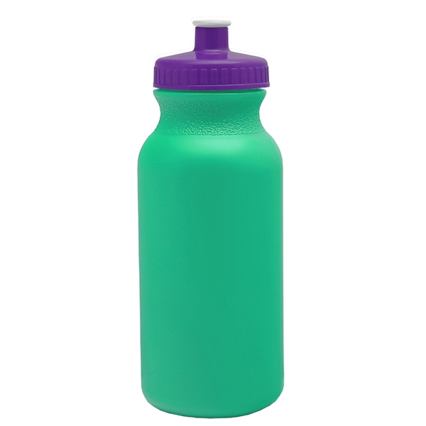 aerial view a turquoise bottle & violet lid 20 oz the omni color bike bottle with push pull lid, image 2 of 2