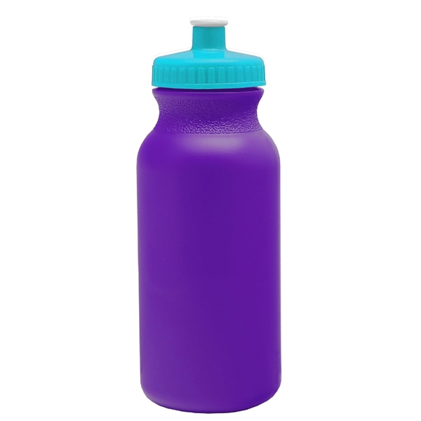 aerial view a violet bottle & cyan lid 20 oz the omni color bike bottle with push pull lid, image 2 of 2