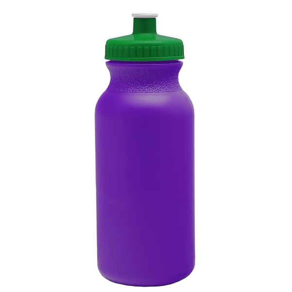 aerial view a violet bottle & green lid 20 oz the omni color bike bottle with push pull lid, image 2 of 2