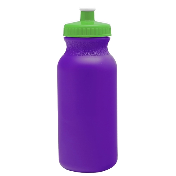 aerial view a violet bottle & lime green lid 20 oz the omni color bike bottle with push pull lid, image 2 of 2