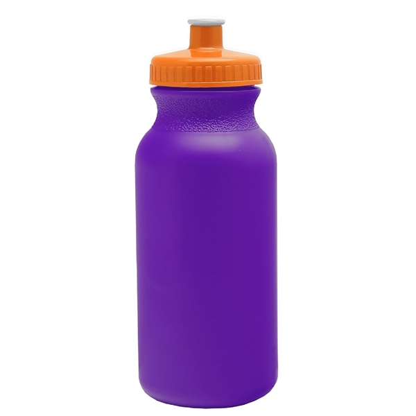 aerial view a violet bottle & orange lid 20 oz the omni color bike bottle with push pull lid, image 2 of 2