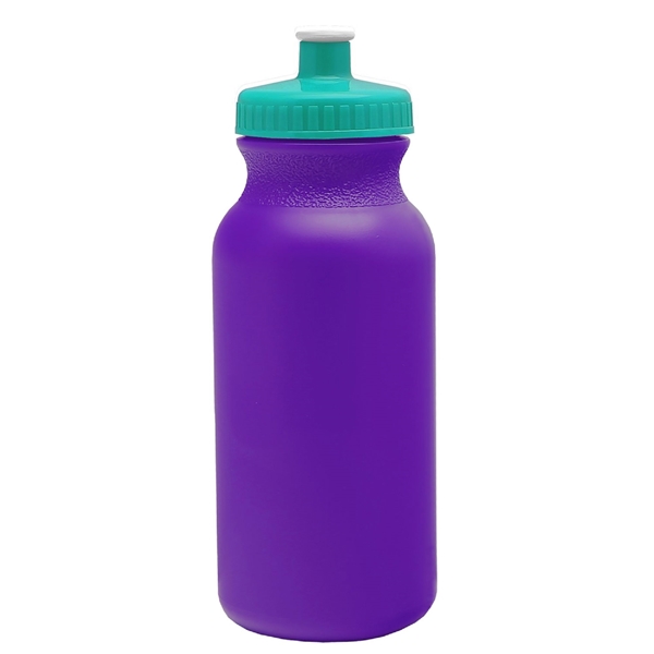 aerial view a violet bottle & teal lid 20 oz the omni color bike bottle with push pull lid, image 2 of 2