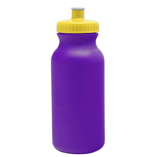 aerial view a violet bottle & yellow lid 20 oz the omni color bike bottle with push pull lid, image 2 of 2