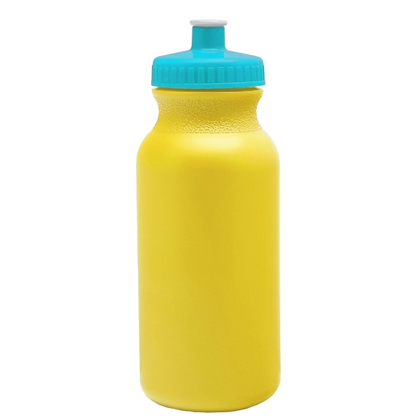 aerial view a yellow bottle & cyan lid 20 oz the omni color bike bottle with push pull lid, image 2 of 2