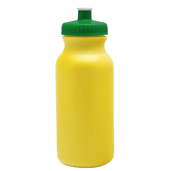 aerial view a yellow bottle & green lid 20 oz the omni color bike bottle with push pull lid, image 2 of 2