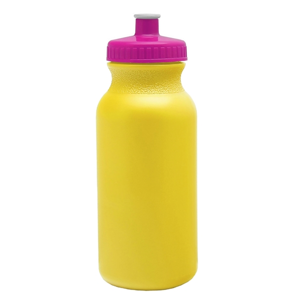 aerial view a yellow bottle & hot pink lid 20 oz the omni color bike bottle with push pull lid, image 2 of 2
