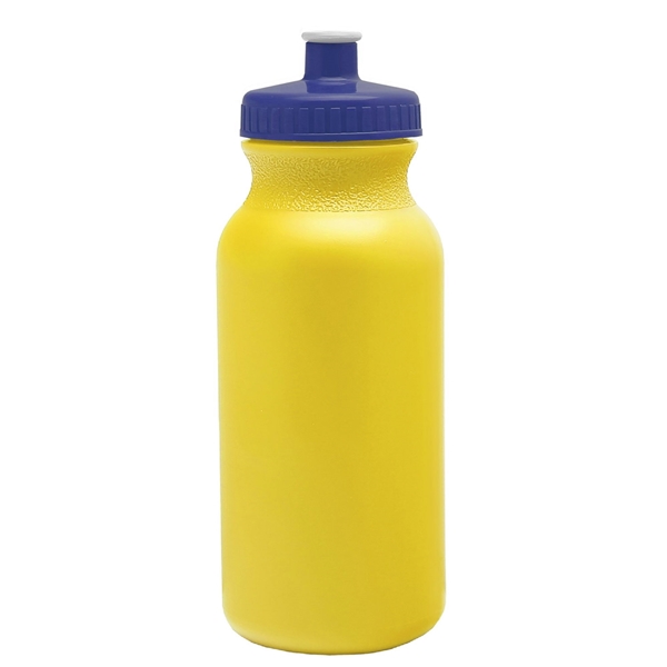aerial view a yellow bottle & navy blue lid 20 oz the omni color bike bottle with push pull lid, image 2 of 2