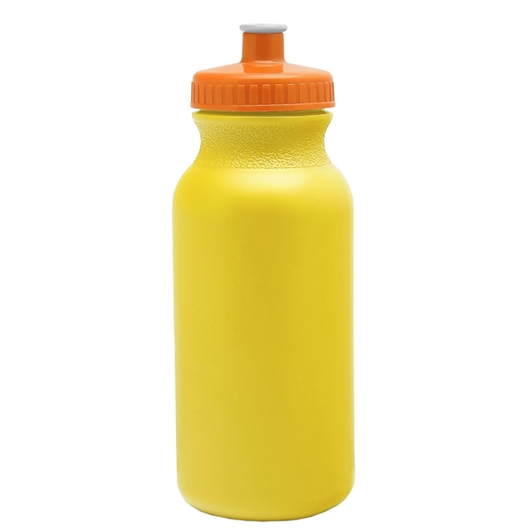 aerial view a yellow bottle & orange lid 20 oz the omni color bike bottle with push pull lid, image 2 of 2
