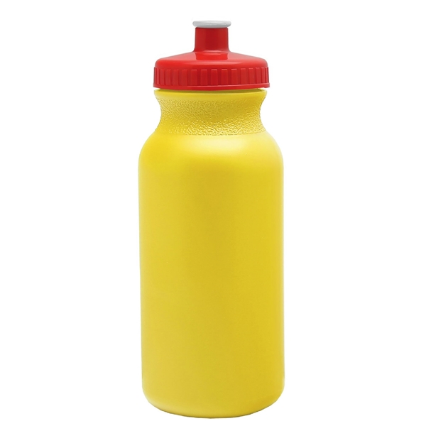 aerial view a yellow bottle & red lid 20 oz the omni color bike bottle with push pull lid, image 2 of 2