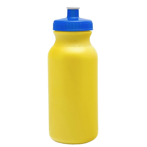 aerial view a yellow bottle & royal blue lid 20 oz the omni color bike bottle with push pull lid, image 2 of 2