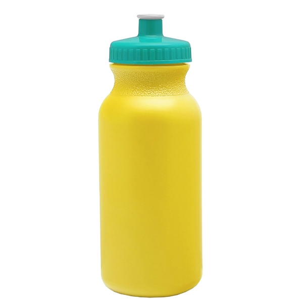 aerial view a yellow bottle & teal lid 20 oz the omni color bike bottle with push pull lid, image 2 of 2