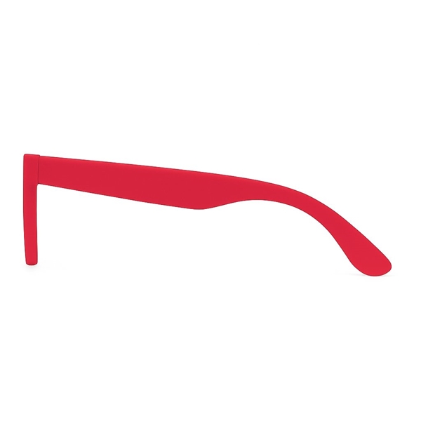 aerial view a red single tone matte plastic sunglasses, image 3 of 4